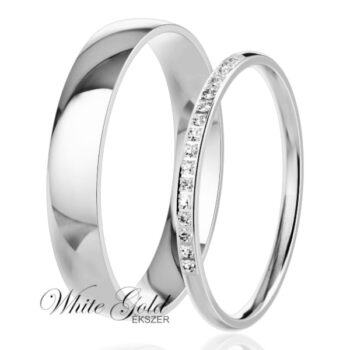 Fehér arany karikagyűrű pár keskeny női sorköves gyűrűvel