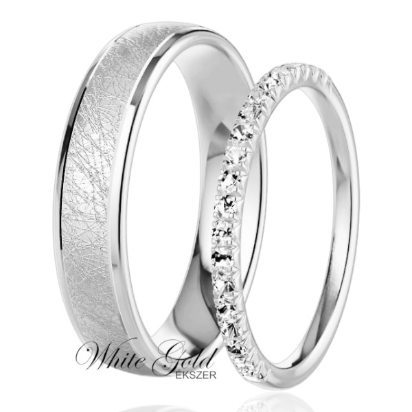 feher-arany-karikagyuru (19) Fehér arany karikagyűrű pár jégkarc vésésű férfi és vékony köves női gyűrűvel