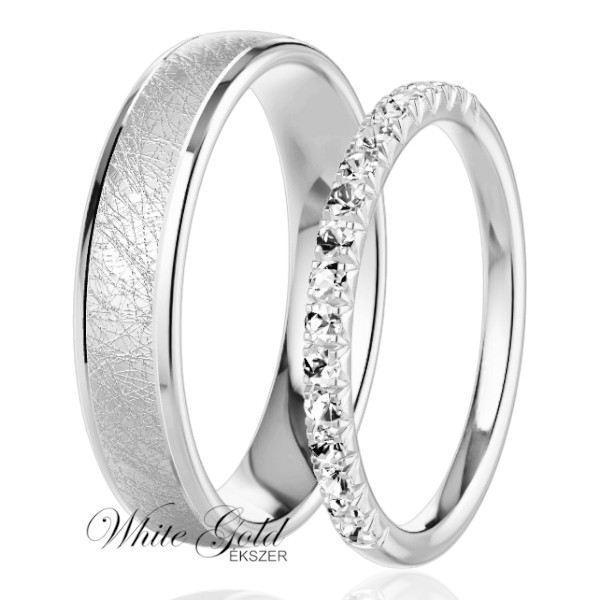 feher-arany-karikagyuru (20) Fehér arany karikagyűrű pár jégkarc vésésű férfi és keskeny női gyűrűvel