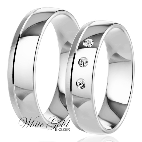 feher-arany-karikagyuru (24) Fehér arany karikagyűrű pár klasszikus formával és három kővel díszített női gyűrűvel