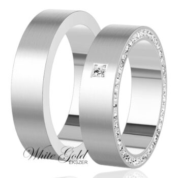 Fehér arany lapos karikagyűrű pár sorköves női gyűrűvel