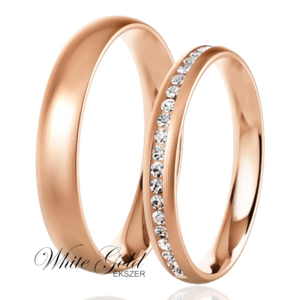 roze-arany-karikagyuru (100) Rozé arany karikagyűrű pár finoman ívelt profillal és sorköves női gyűrűvel