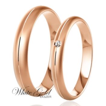 Rozé arany karikagyűrű pár finoman domború profillal és egyköves női gyűrűvel