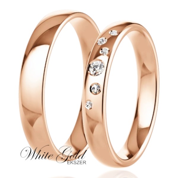 roze-arany-karikagyuru (108) Rozé arany karikagyűrű pár váltakozó méretű kövekkel díszített női gyűrűvel