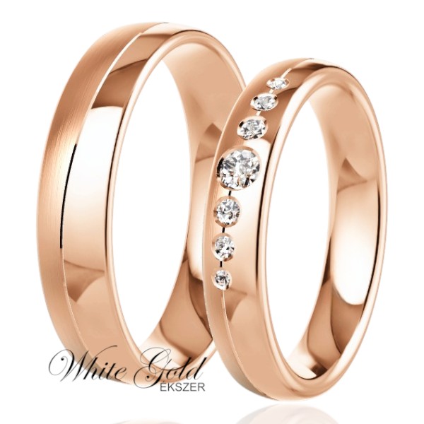 roze-arany-karikagyuru (109) Rozé arany karikagyűrű pár váltakozó méretű kövekkel díszített női gyűrűvel