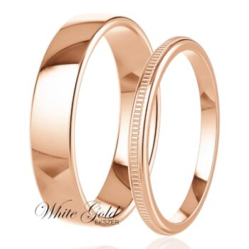 Fényes rozé arany karikagyűrű pár rovátkolt női gyűrűvel