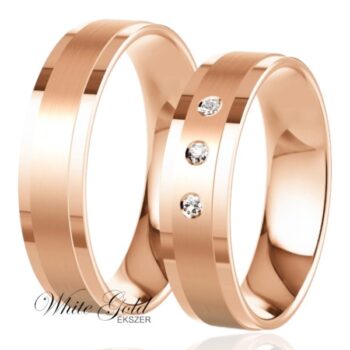 Matt és fényes rozé arany karikagyűrű pár három kővel