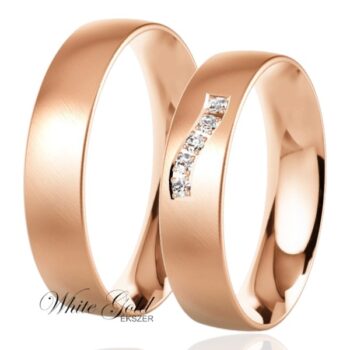 Matt és fényes rozé arany karikagyűrű pár hullámba foglalt kövekkel