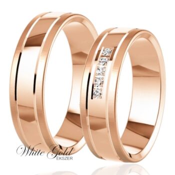 Matt-fényes rozé arany karikagyűrű pár sorköves díszítéssel