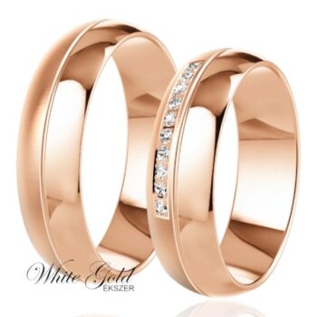 Domború rozé arany karikagyűrű pár sorköves női gyűrűvel