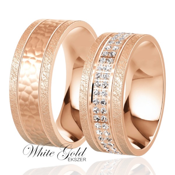 roze-arany-karikagyuru (69) Rozé arany karikagyűrű pár kalapált és jégkarc felülettel