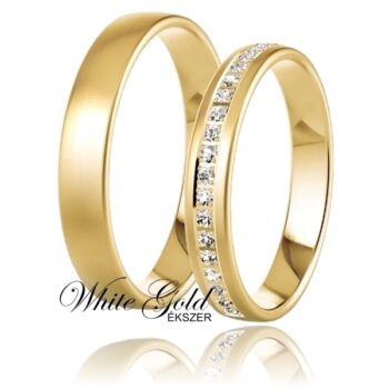 sarga_arany_karikagyuru_102 Sárga arany karikagyűrű pár selyemfényű felülettel és sorköves női gyűrűvel