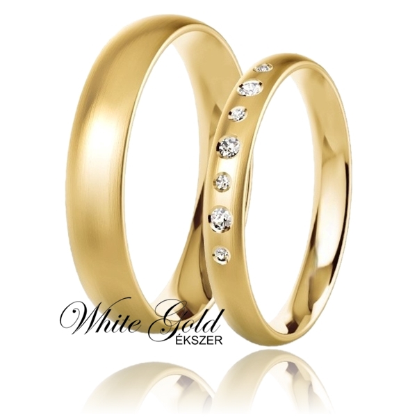 sarga_arany_karikagyuru_109 Sárga arany karikagyűrű pár selyemfényű felülettel és sorköves női gyűrűvel