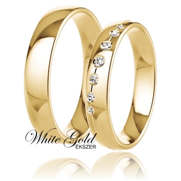sarga_arany_karikagyuru_124 Sárga arany karikagyűrű pár váltakozó méretű kövekkel díszített női gyűrűvel