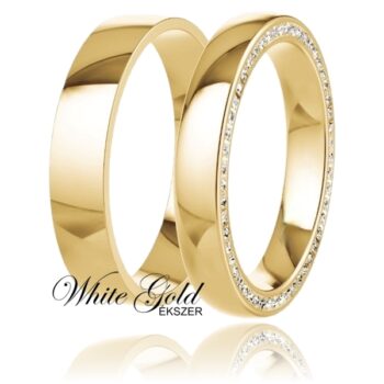 Modern, fényes felületű sárga arany karikagyűrű pár, különleges peremköves női gyűrűvel