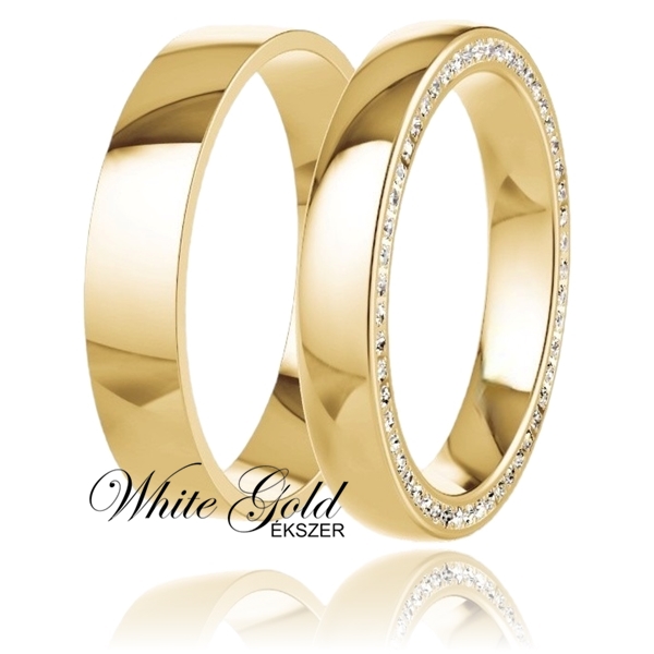 sarga_arany_karikagyuru_50 Modern, fényes felületű sárga arany karikagyűrű pár, különleges peremköves női gyűrűvel