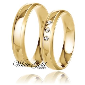 sarga_arany_karikagyuru_88 Klasszikus sárga arany karikagyűrű pár három kővel Ez a sárga arany karikagyűrű-pár a klasszikus eleganciát képviseli, melyet a női gyűrű három ragyogó köve tesz különlegessé. A finoman ívelt forma és a letisztult vonalak időtálló megjelenést biztosítanak, így ideális választás mindazok számára, akik az örök eleganciát keresik.