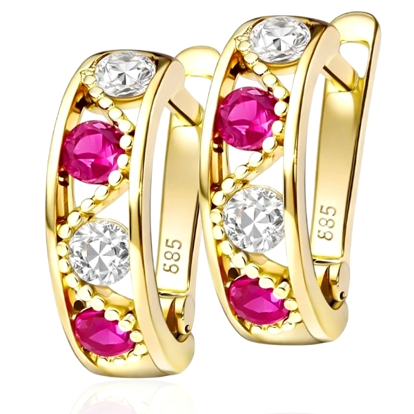 Arany gyerek fülbevaló piros és fehér kövekkel