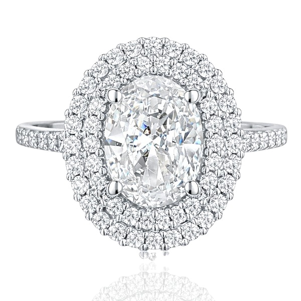 Fehér arany ovális dupla halo eljegyzési gyűrű